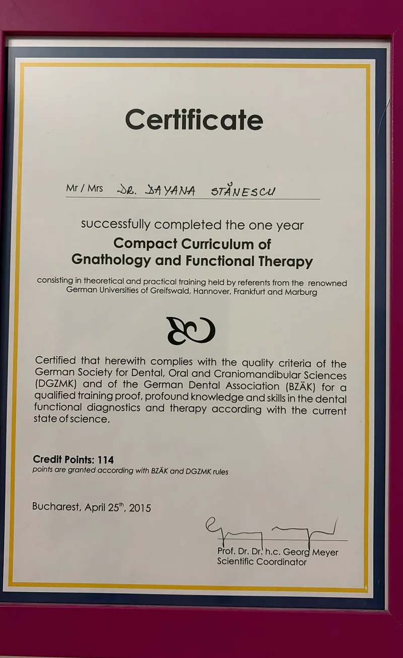 Certificatul Compact Curriculum of Gnathology and Functional Therapy obținut de Dr. Dayana Stănescu în 2015